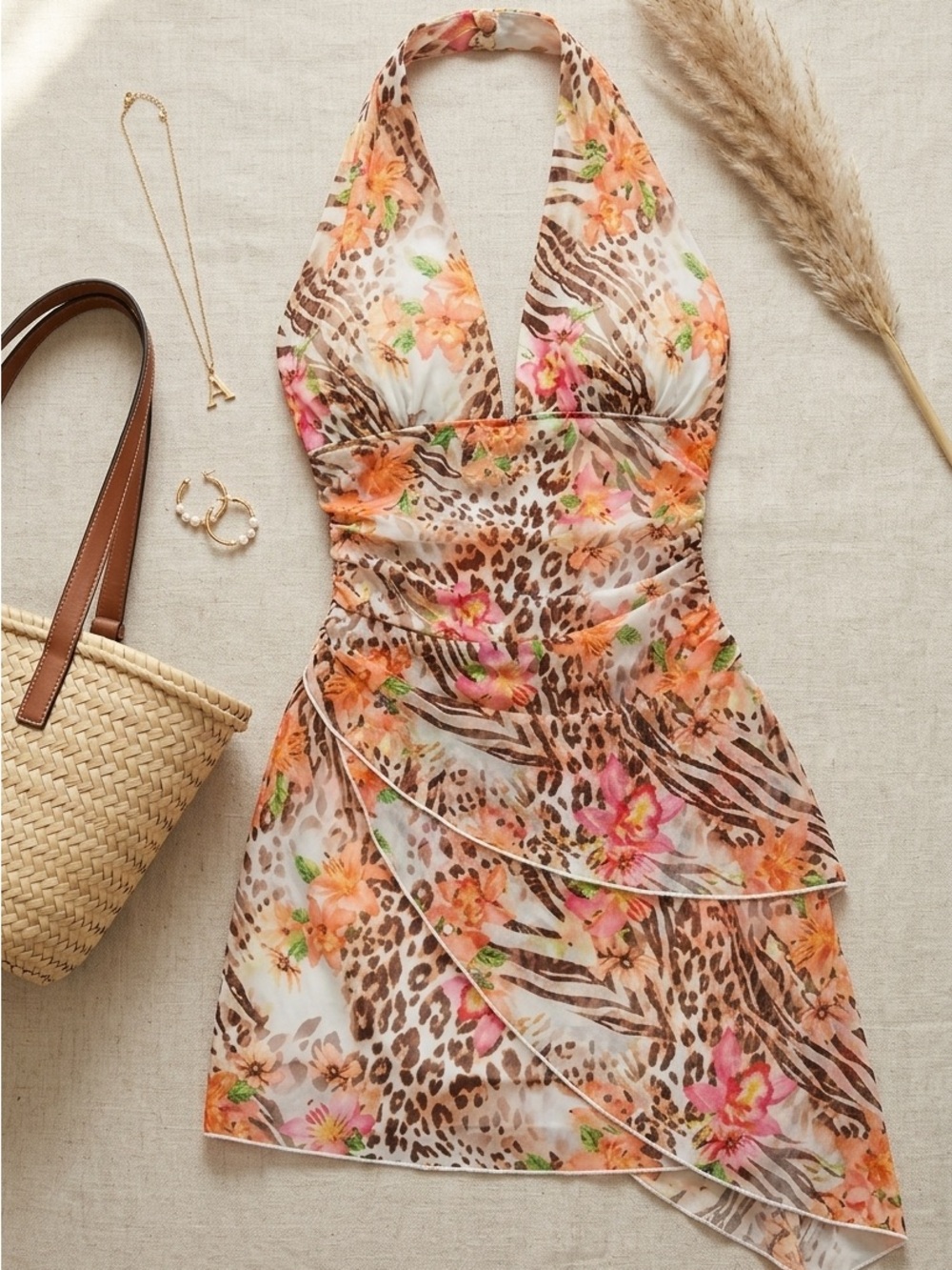 Floral Safari Halter Mini Dress - Orange Multi